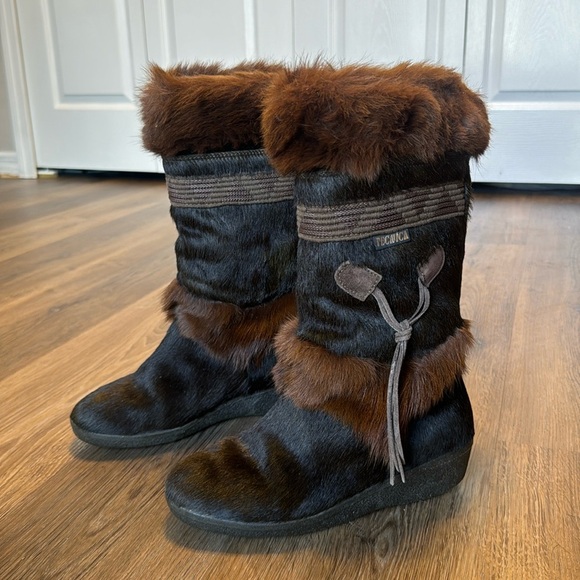 vtg Italian Tecnica 70s 80s brown goat fur mukluk muk luk boots size 7.5 cute - Picture 1 of 15